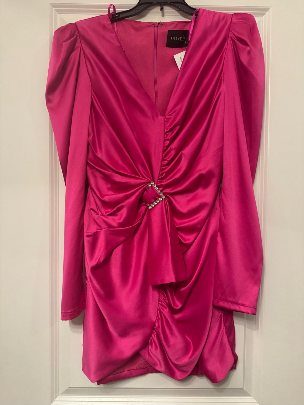 DO+BE Hot Pink Satin Ruched Long Sleeve Mini Dress with Rhinestone Ring